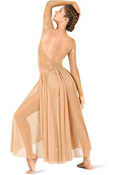 nude long sleeve dress Body Wrappers TW617 Adult Twinkle Open Back Mesh Long Sleeve Dress