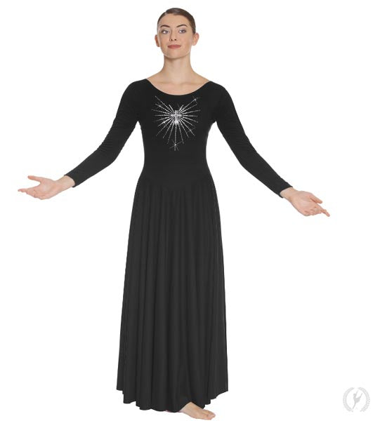 Eurotard 11030 Womens Front Lined Long Sleeve Praise Dress with Rhinestone Radiant Cross Black