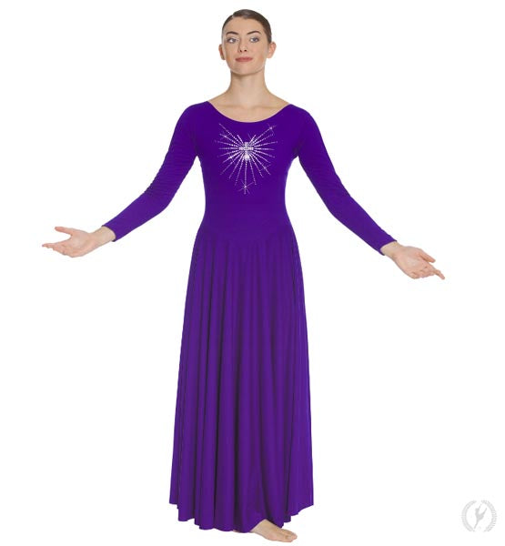 Eurotard 11030 Womens Front Lined Long Sleeve Praise Dress with Rhinestone Radiant Cross Purple