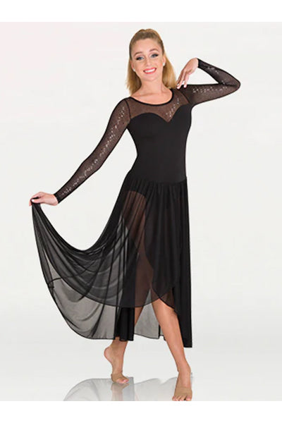 Body Wrappers TW617 Adult Twinkle Open Back Mesh Long Sleeve Dress Black