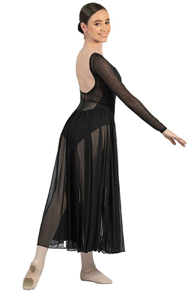Body Wrappers TW617 Adult Twinkle Open Back Mesh Long Sleeve Dress Black