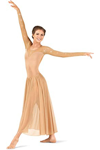 Body Wrappers TW617 Adult Twinkle Open Back Mesh Long Sleeve Dress Nude
