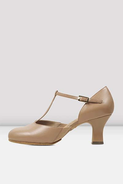 Bloch S0390L Ladies Splitflex T-Strap 2.5 Inch Heel Character Shoes tan color left side