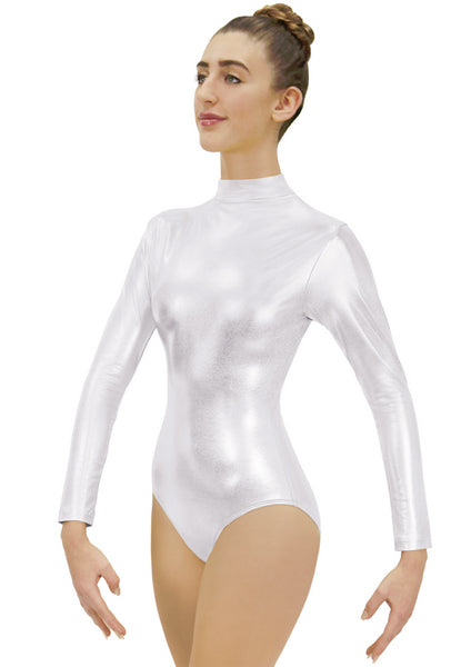 eurotard 19131 womens metallic mock neck long sleeve leotard silver